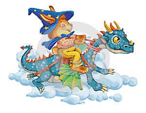 Cartoon hare astride a dragon rush in clouds.