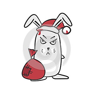 Cartoon hare. Evil bunny in santa hat with a bag of gifts.