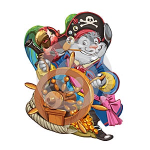 Cartoon hare the pirate at a ship steering wheel.