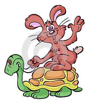 Cartoon hare riding tortoise