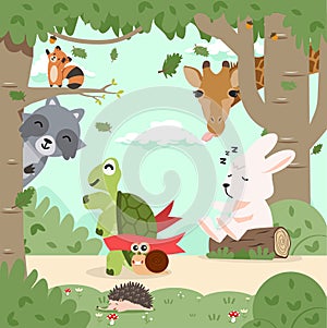 Cartoon the hare and the tortoise run at forest
