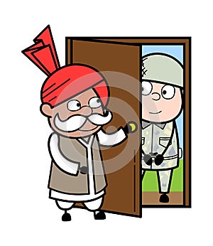 Cartoon Haryanvi Old Man opening Door