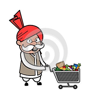 Cartoon Haryanvi Old Man with shopping cart
