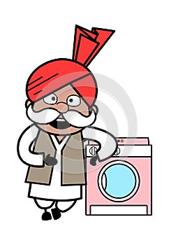 Cartoon Haryanvi Old Man standing with washing machine