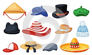 Cartoon hats. Cylinder, panama, baseball cap, beret, sombrero. Man and women summer stylish headwear, fashion head photo