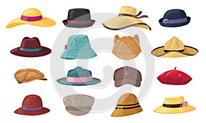 Cartoon hats. Stylish man and woman headwear set, vintage classic and modern head accessory, summer or autumn, gentleman
