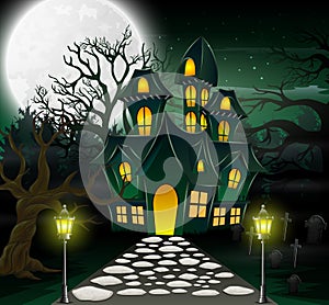 Cartoon of haunted house with full moon background and greenlight