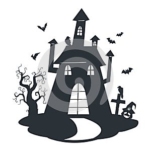 Cartoon haunted house silhouette. Halloween spooky ghost house, creepy monsters haunted castle. Scary house with ghosts flat