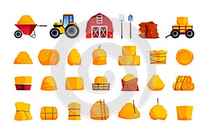 Cartoon hay farming. Agriculture haystack farm barn wheelbarrow elements, flat rural organic fodder straw dry pile