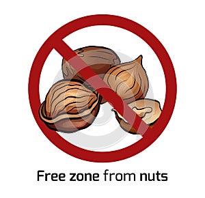 Cartoon hazelnut in the prohibition sign. Free zone from nuts. Ban on allergens. Allergy Alert. Badges with forbiddance photo