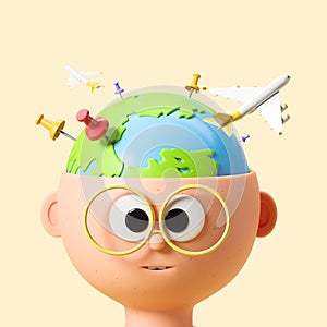 Cartoon head with earth sphere and airplane