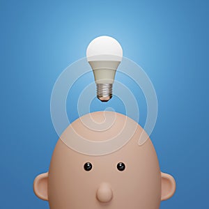 Cartoon head with a light bulb on top. Idea concept. 3d illustration