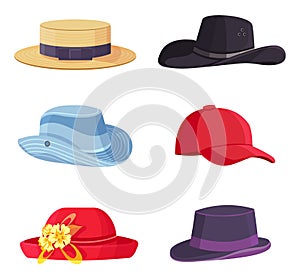 Cartoon headwear. Beach straw hat, fedora, baseball cap. Different colorful headgears for man and woman