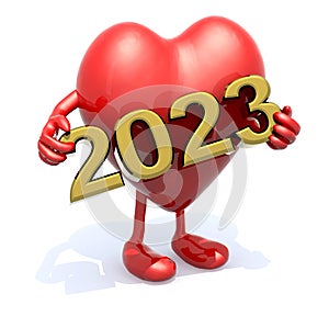 Cartoon heart with arms, legs and the 3D inscription 2023