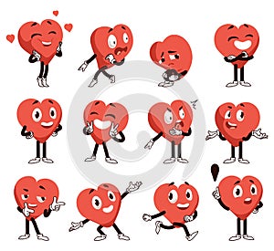 Cartoon heart character. Cute red shape with clipart hands and legs. Love or romance mascots poses and expressions