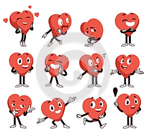 Cartoon heart character. Cute red shape with clipart hands and legs. Love or romance mascots poses and expressions. Geometric