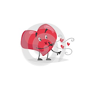 Cartoon heart character. Falling in love mascot giving air kisses. Valentine`s day symbol. Love and romantic vector comic illustra