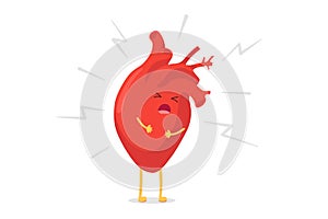 Cartoon heart character unhealthy sick emoji pain emotion. Vector circulatory organ with lightning bolts heart attack