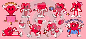 Cartoon heart mascot. Romantic valentine, love character with gift and angel cupid heart vector illustration set