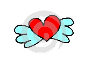 CARTOON HEART WITH WINGS, HAND DRAWING