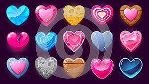 Cartoon hearts asset. Life level 2D game user interface icons, glossy candy heart buttons and sprite elements for mobile