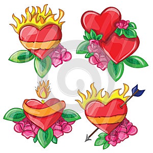 Cartoon hearts with fire for design