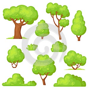 Cartoon hedge set. Garden park green bushes, gardening plants with flowers, forest vegetation, trees bush shrub with
