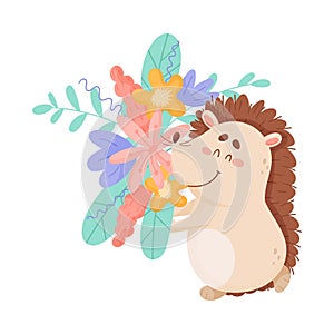Cartoon Hedgehog Character Carrying Bunch of Flowers Vector Illustration