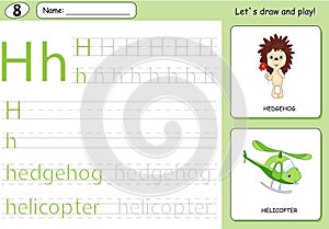 Cartoon hedgehog and helicopter. Alphabet tracing worksheet