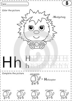 Cartoon hedgehog and helicopter. Alphabet tracing worksheet: writing A-Z and educational game for kids