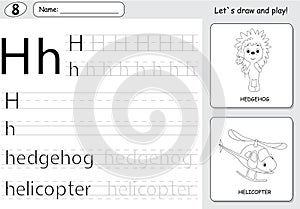 Cartoon hedgehog and helicopter. Alphabet tracing worksheet: writing A-Z and educational game for kids