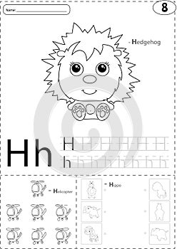 Cartoon hedgehog, helicopter and hippo. Alphabet tracing worksheet: writing A-Z and educational game for kids