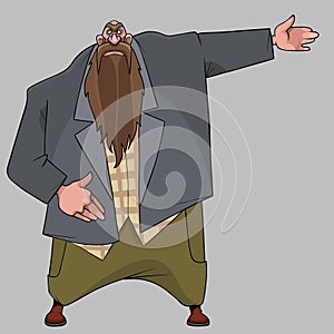 Cartoon hefty bearded country man points his hand to the side