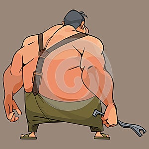 Cartoon hefty guy with a bent piece of iron in his hand
