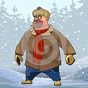 Cartoon hefty man in winter clothes in a snowy forest