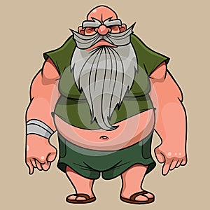 Cartoon hefty potbellied bearded grandfather stands eyes closed