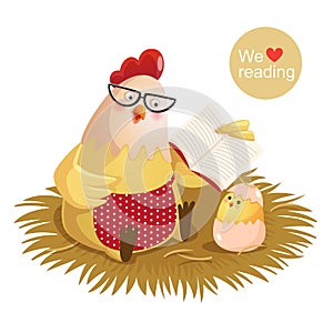 Cartoon hen and chick reading a book