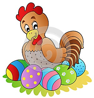 Cartoon hen with Easter eggs