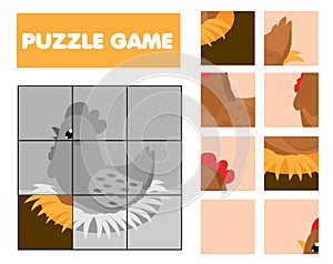 Cartoon hen on nest. farm Animals theme Puzzle for toddlers. Match pieces and complete picture. Educational game for children