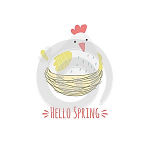 Cartoon hen in the nest and the inscription hello spring.