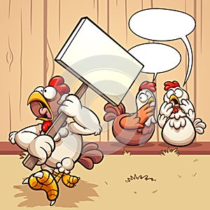 Cartoon hen protesting and two hens talking behind her back