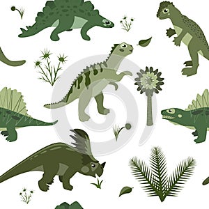 Cartoon herbivore and carnivorous dinosaurs vector seamless pattern