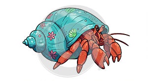 Cartoon hermit crab with vibrant red body and large eyestalks, inhabits a photo