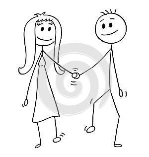 Cartoon of Heterosexual Couple of Man and Woman Walking and Holding Hands