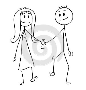 Cartoon of Heterosexual Couple of Man and Woman Walking and Holding Hands photo