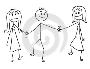 Cartoon of Heterosexual Couple Walking and Holding Hands, Man is Also Holding Hand of Mistress photo