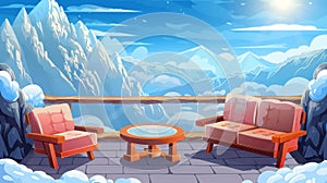 Cartoon high house or hotel penthouse with wooden patio or balcony. Rocky snowy mountain peaks above clouds in blue sky