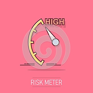 Cartoon high level icon in comic style. Speedometer, tachometer sign illustration pictogram. Risk meter splash business concept