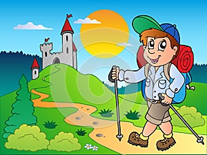 Cartoon hiker boy near castle