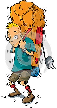 Cartoon of hiker with heavy backpack